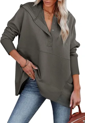 Chatinction Womens Button Tunic Hoodies Oversize V Neck Long Sleeve Pullover Sweatshirts Hooded Tops with Pockets