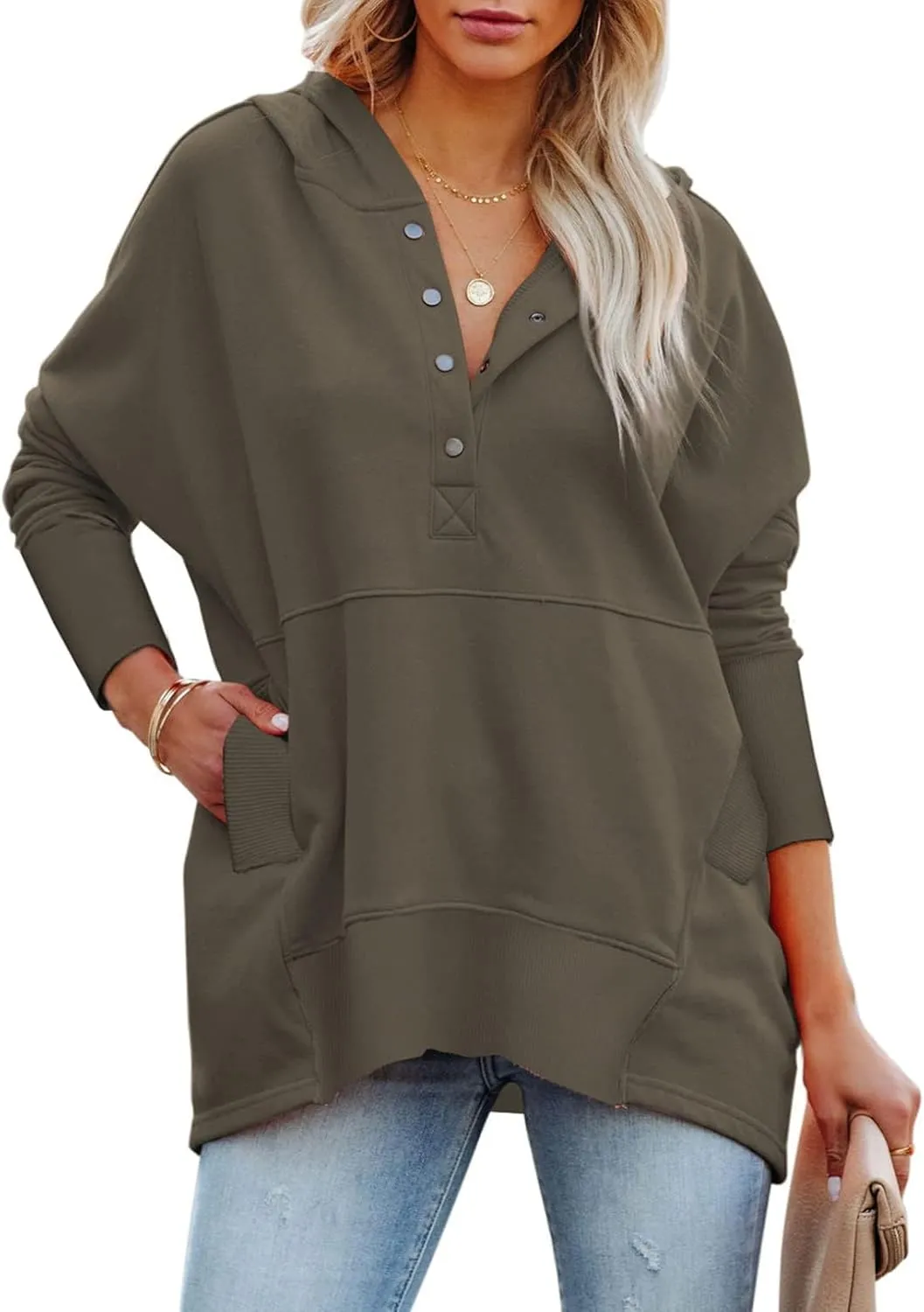 Chatinction Womens Button Tunic Hoodies Oversize V Neck Long Sleeve Pullover Sweatshirts Hooded Tops with Pockets