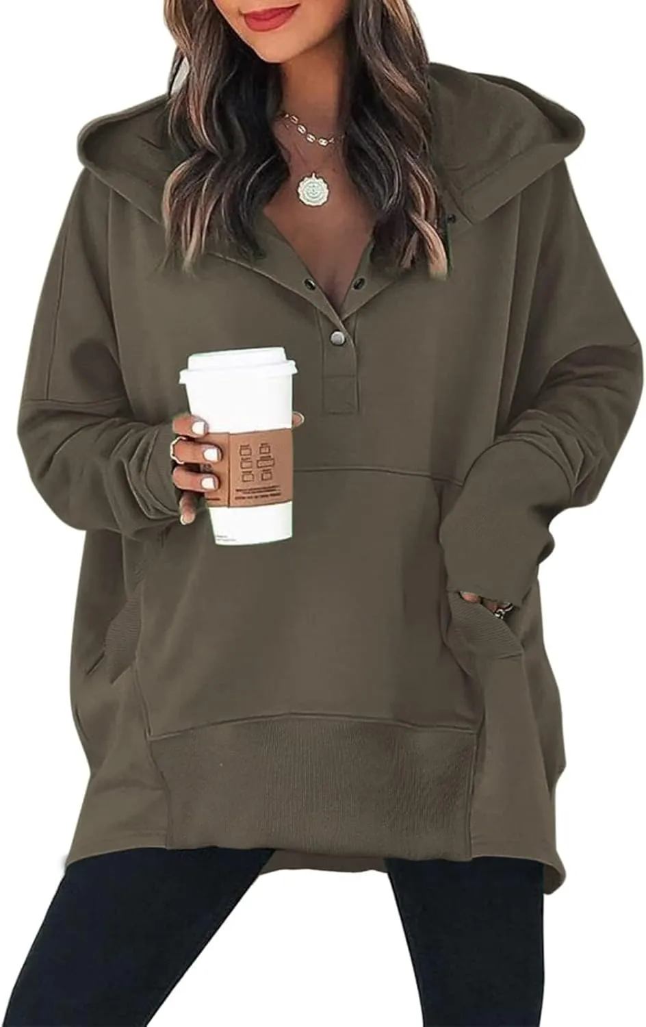 Chatinction Womens Button Tunic Hoodies Oversize V Neck Long Sleeve Pullover Sweatshirts Hooded Tops with Pockets