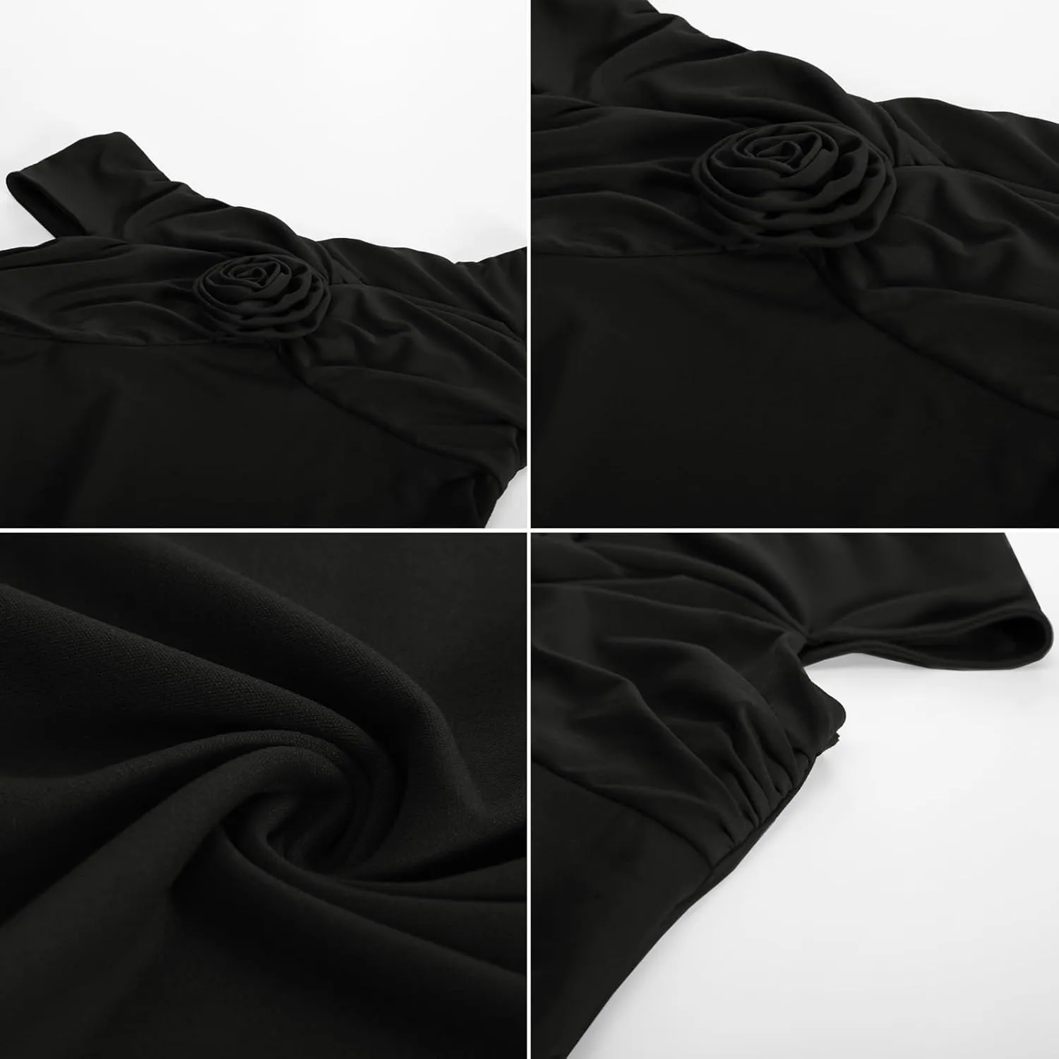 Chic Black Large Maternity Off Shoulder Top with 3D Flowers and Side Ruching - Fits Throughout Pregnancy