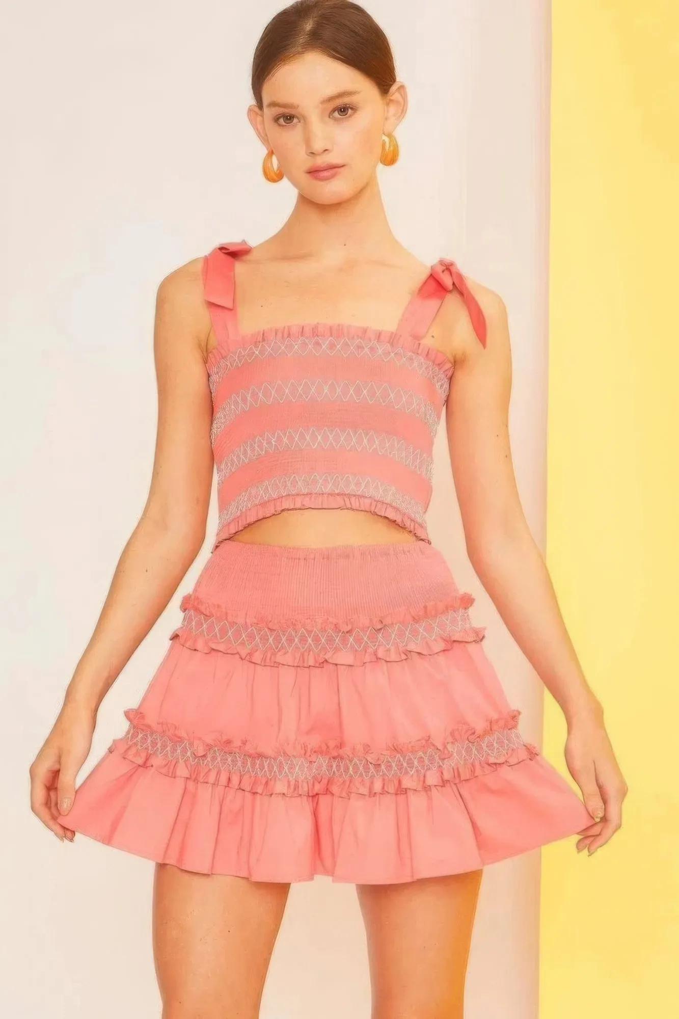 Chic Ruffle Crop Top with Tie-Shoulder & Smocked Detail
