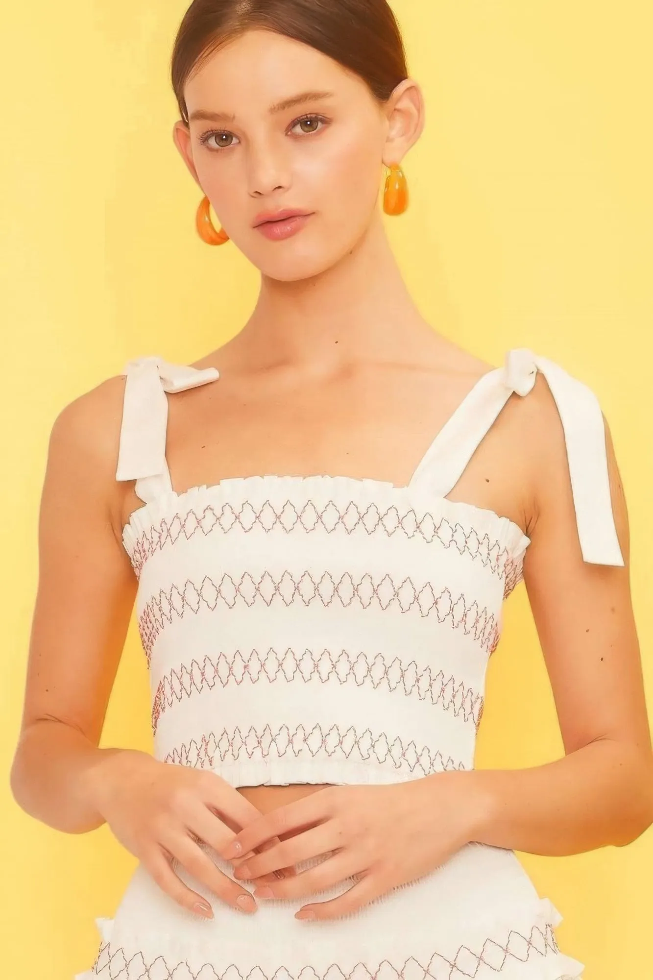 Chic Ruffle Crop Top with Tie-Shoulder & Smocked Detail