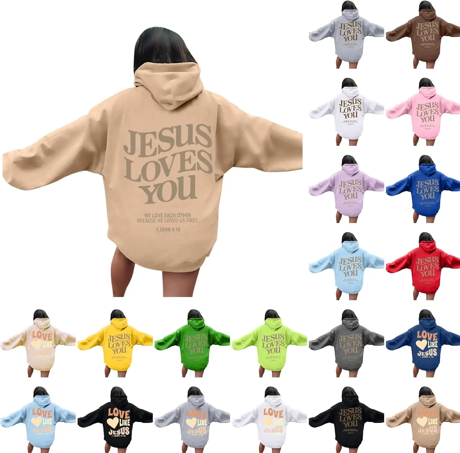 Christian Sweatshirts for Women Oversized Jesus Loves You Pullover Hoodie Pockets Casual Long Sleeve Thanksgiving T Shirts