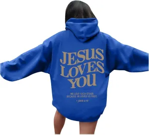 Christian Sweatshirts for Women Oversized Jesus Loves You Pullover Hoodie Pockets Casual Long Sleeve Thanksgiving T Shirts