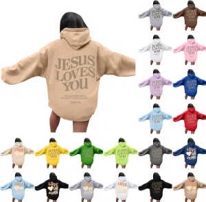 Christian Sweatshirts for Women Oversized Jesus Loves You Pullover Hoodie Pockets Casual Long Sleeve Thanksgiving T Shirts
