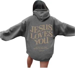 Christian Sweatshirts for Women Oversized Jesus Loves You Pullover Hoodie Pockets Casual Long Sleeve Thanksgiving T Shirts