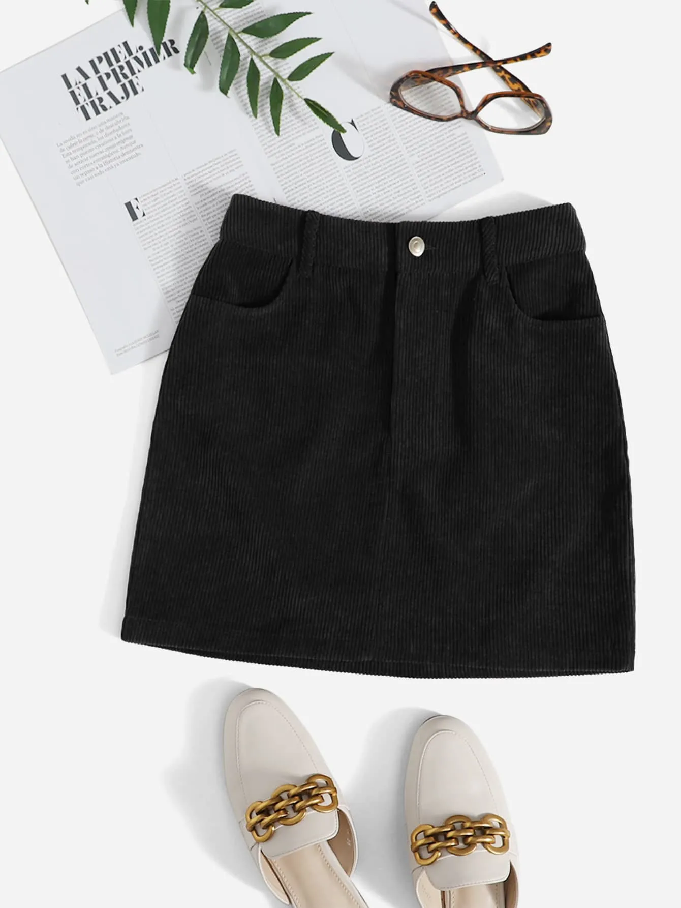 Corduroy Dual Pockets Straight Mini Skirt( Clearance sale