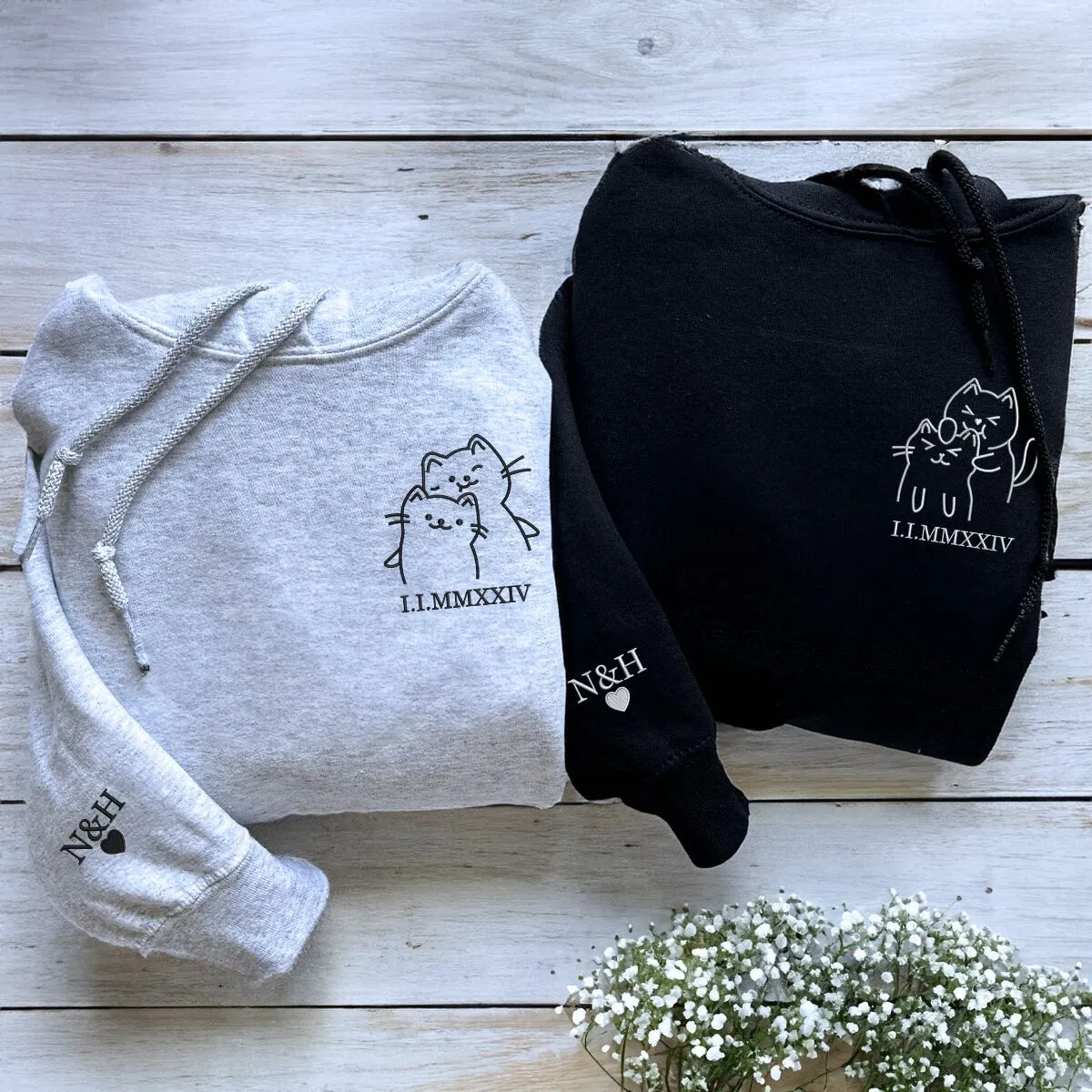 Custom Doodle Cat Matching Sweatshirt or Hoodie, Embroidered Valentines Day Gifts For New Relationship