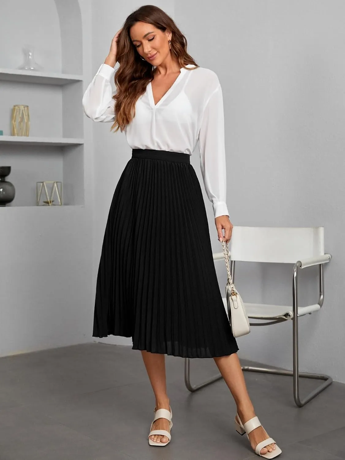 DIERAN Women's Summer Casual Skirts High Waist Pleated Midi Skirt for Beach