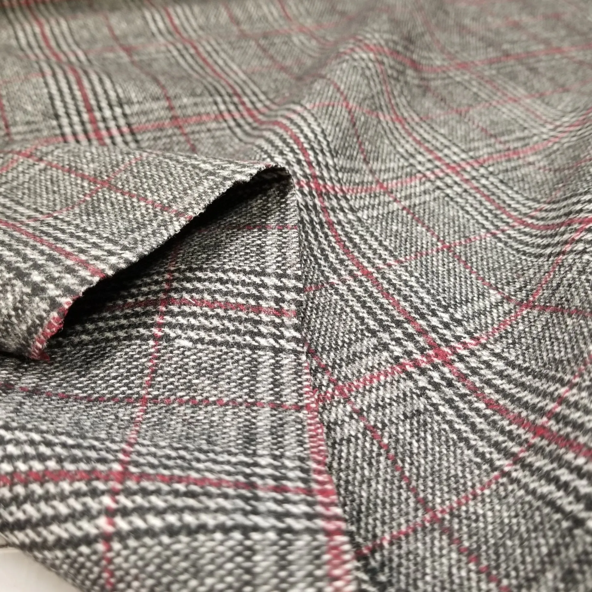 End of Bolt: 2.5 yards of Wool Blend Melton Glen Plaid Charcoal and Red Lightweight Woven-remnant
