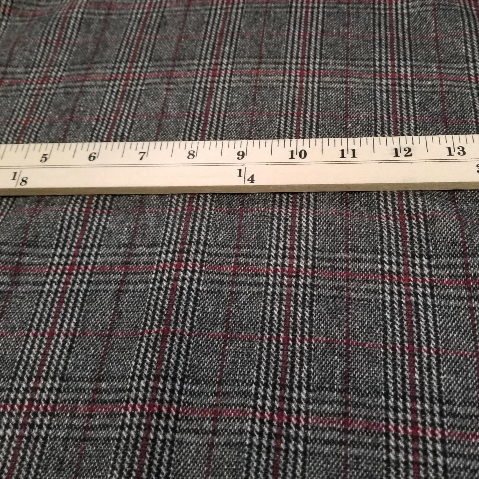 End of Bolt: 2.5 yards of Wool Blend Melton Glen Plaid Charcoal and Red Lightweight Woven-remnant