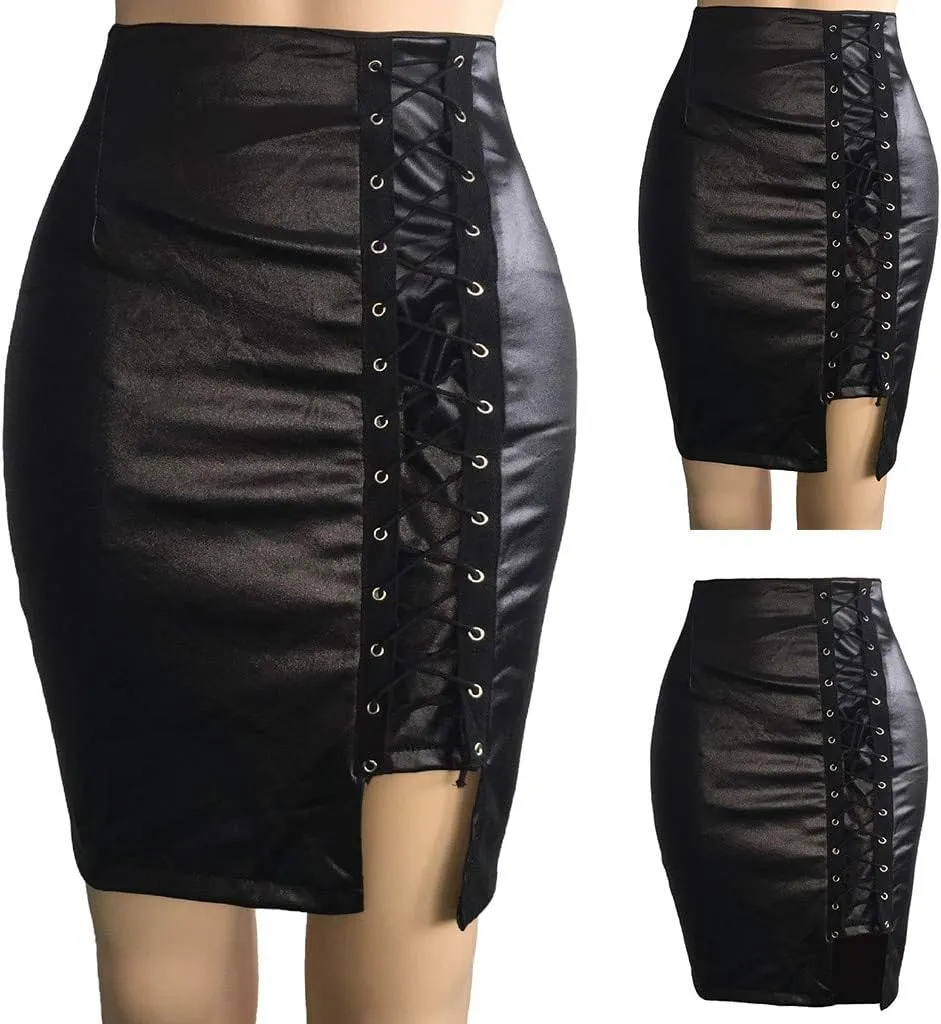 Faux Leather Pencil Skirt for Womens 2025 High Waisted Split Midi Hip Skirts Lady's Sexy Bandage Body Midi Skirt