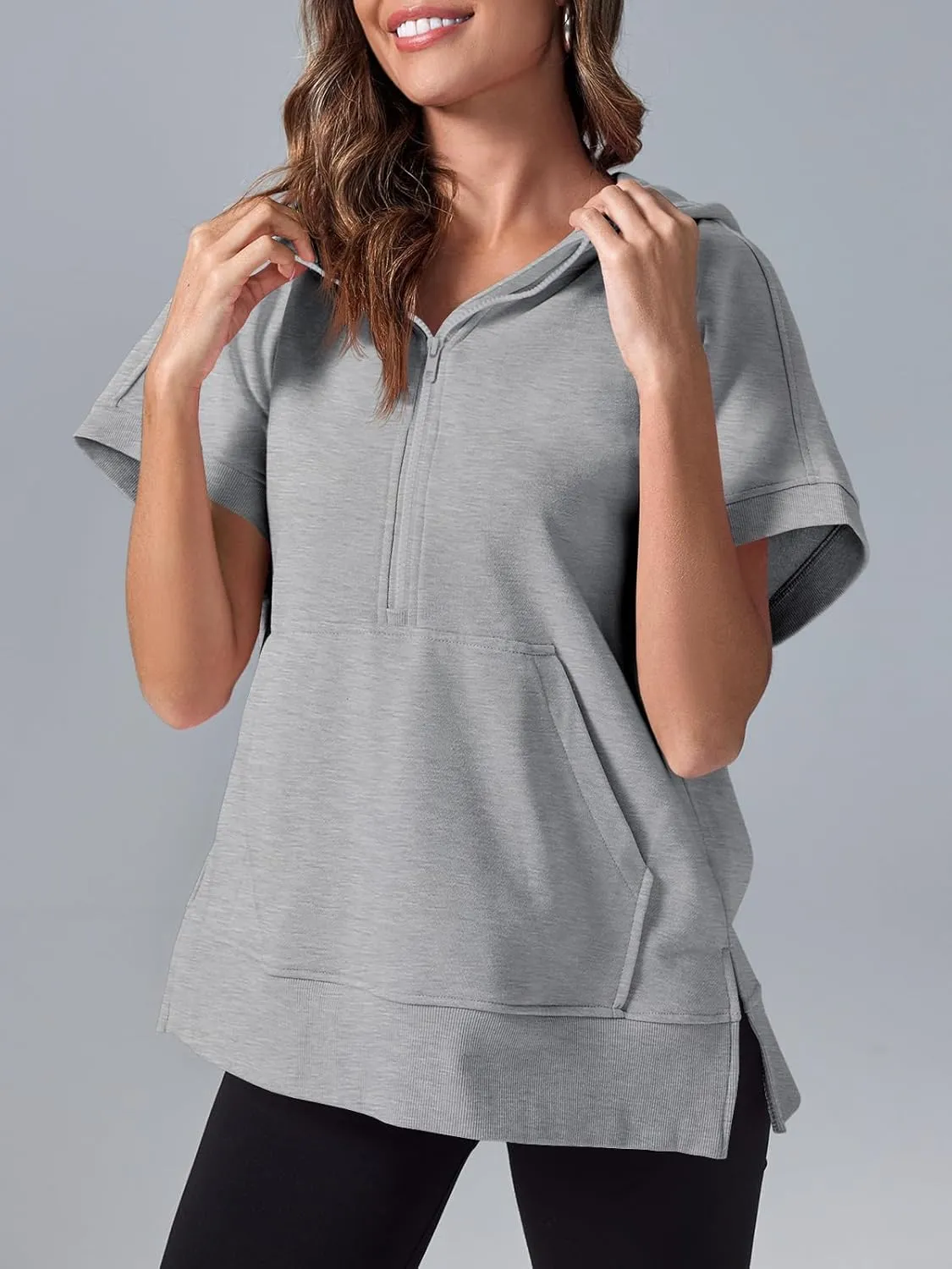 Fisoew Womens Oversized Half Zip Hoodies Short Sleeve Casual Sweatshirts Pullover Tops with Pockets