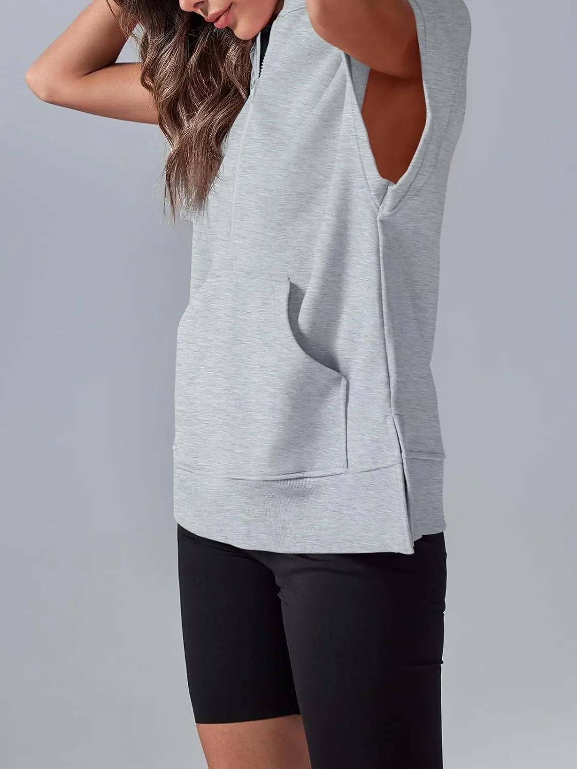 Fisoew Womens Oversized Half Zip Hoodies Short Sleeve Casual Sweatshirts Pullover Tops with Pockets