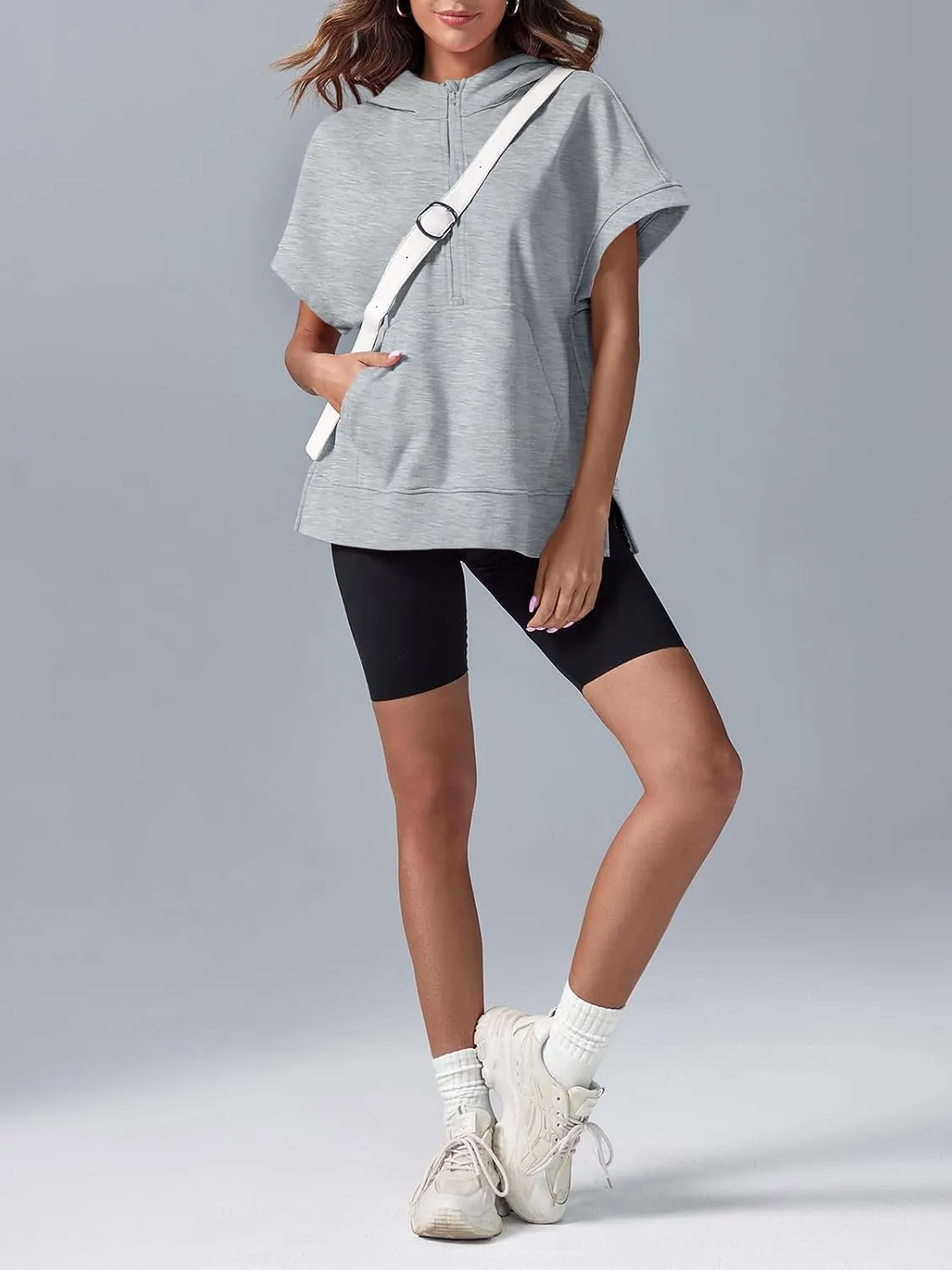 Fisoew Womens Oversized Half Zip Hoodies Short Sleeve Casual Sweatshirts Pullover Tops with Pockets