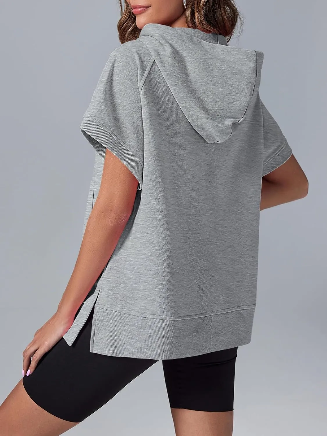 Fisoew Womens Oversized Half Zip Hoodies Short Sleeve Casual Sweatshirts Pullover Tops with Pockets
