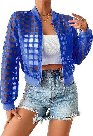 Floerns Women's Hollow Out Long Sleeve Baseball Collar Zip Up Bomber Jacket