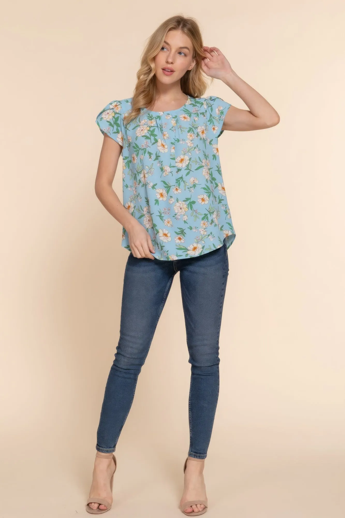 Floral Print Chic Top, Short Tulip Sleeves - Woven Fabric