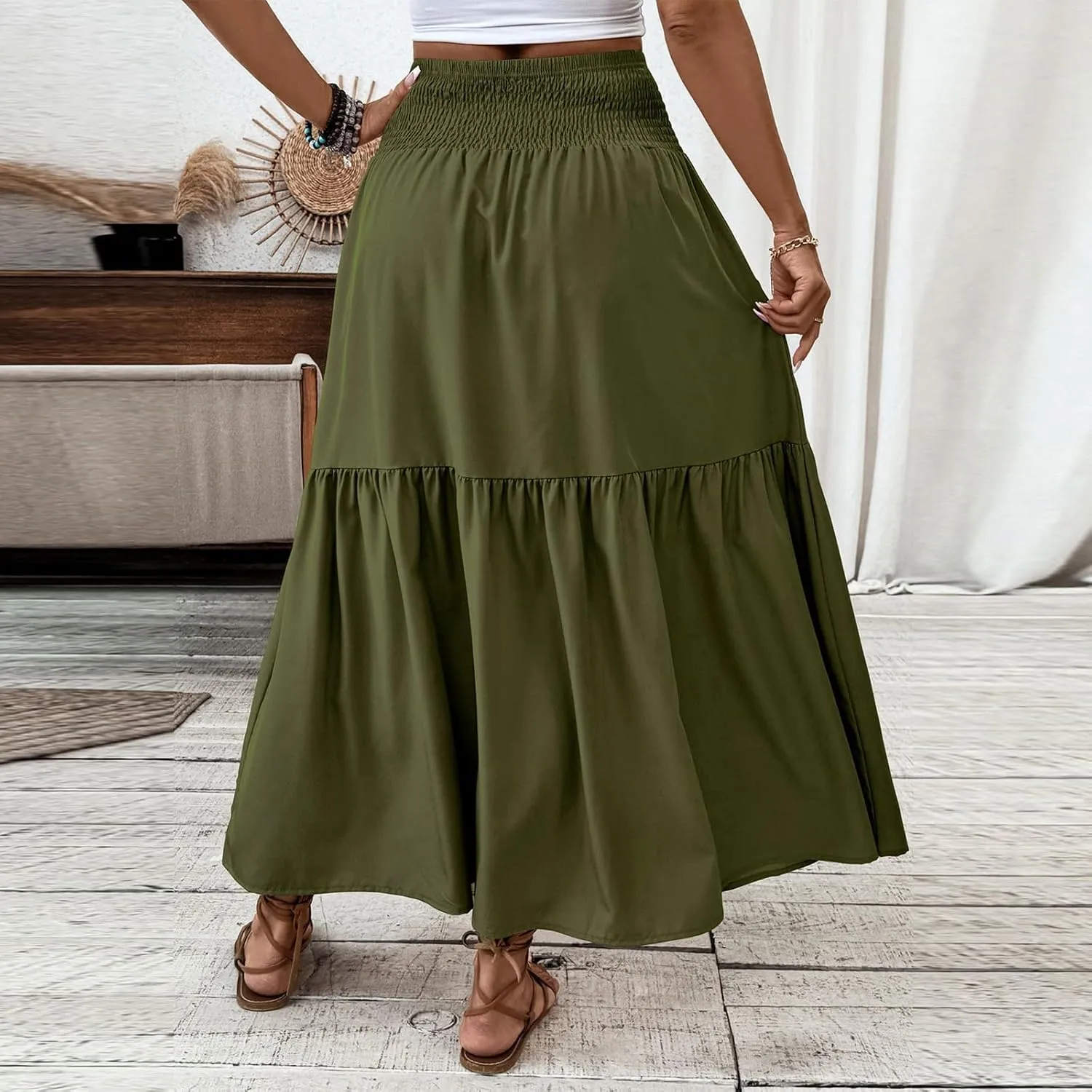 Floral Skirts for Women Summer Loose Casual Trendy Solid Elastic Waist Lightweight Boho Flowy Maxi Skirt, S-XL