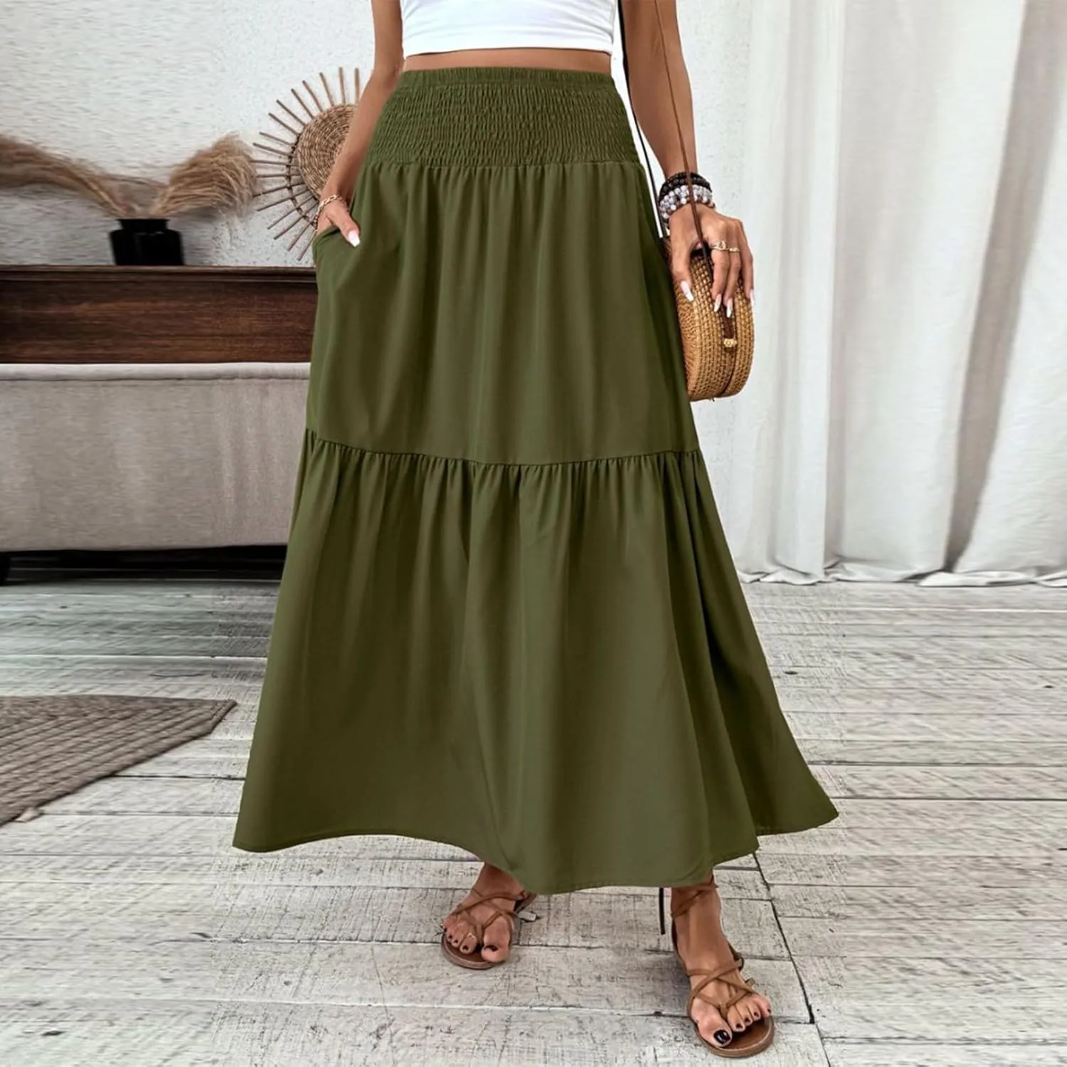 Floral Skirts for Women Summer Loose Casual Trendy Solid Elastic Waist Lightweight Boho Flowy Maxi Skirt, S-XL