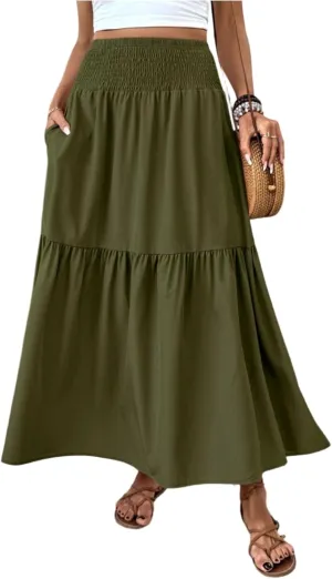 Floral Skirts for Women Summer Loose Casual Trendy Solid Elastic Waist Lightweight Boho Flowy Maxi Skirt, S-XL