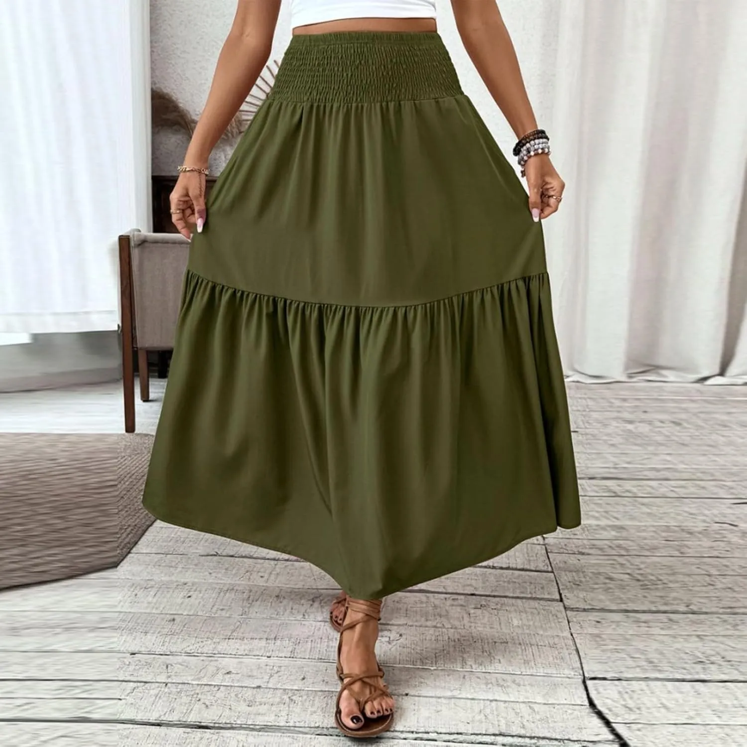 Floral Skirts for Women Summer Loose Casual Trendy Solid Elastic Waist Lightweight Boho Flowy Maxi Skirt, S-XL