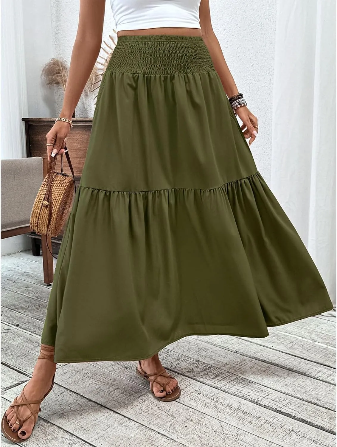 Floral Skirts for Women Summer Loose Casual Trendy Solid Elastic Waist Lightweight Boho Flowy Maxi Skirt, S-XL