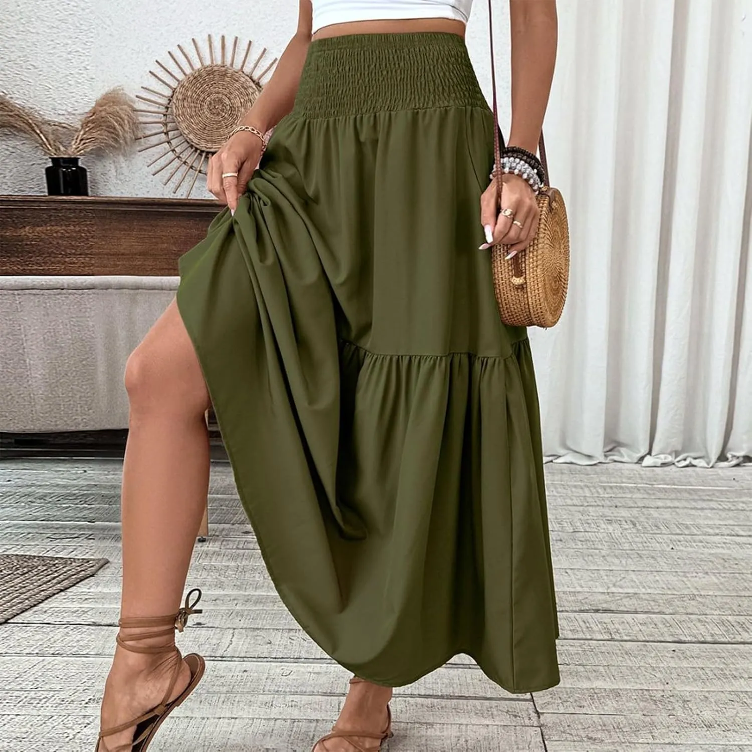 Floral Skirts for Women Summer Loose Casual Trendy Solid Elastic Waist Lightweight Boho Flowy Maxi Skirt, S-XL