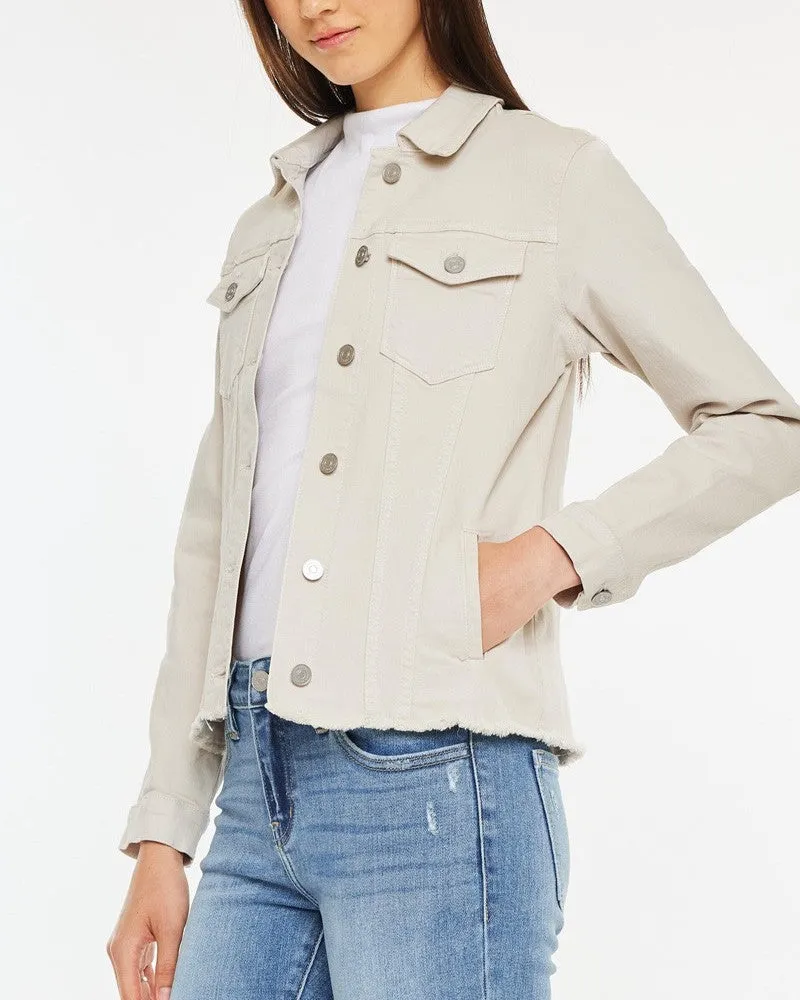 Frayed Hem Denim Jacket - Taupe