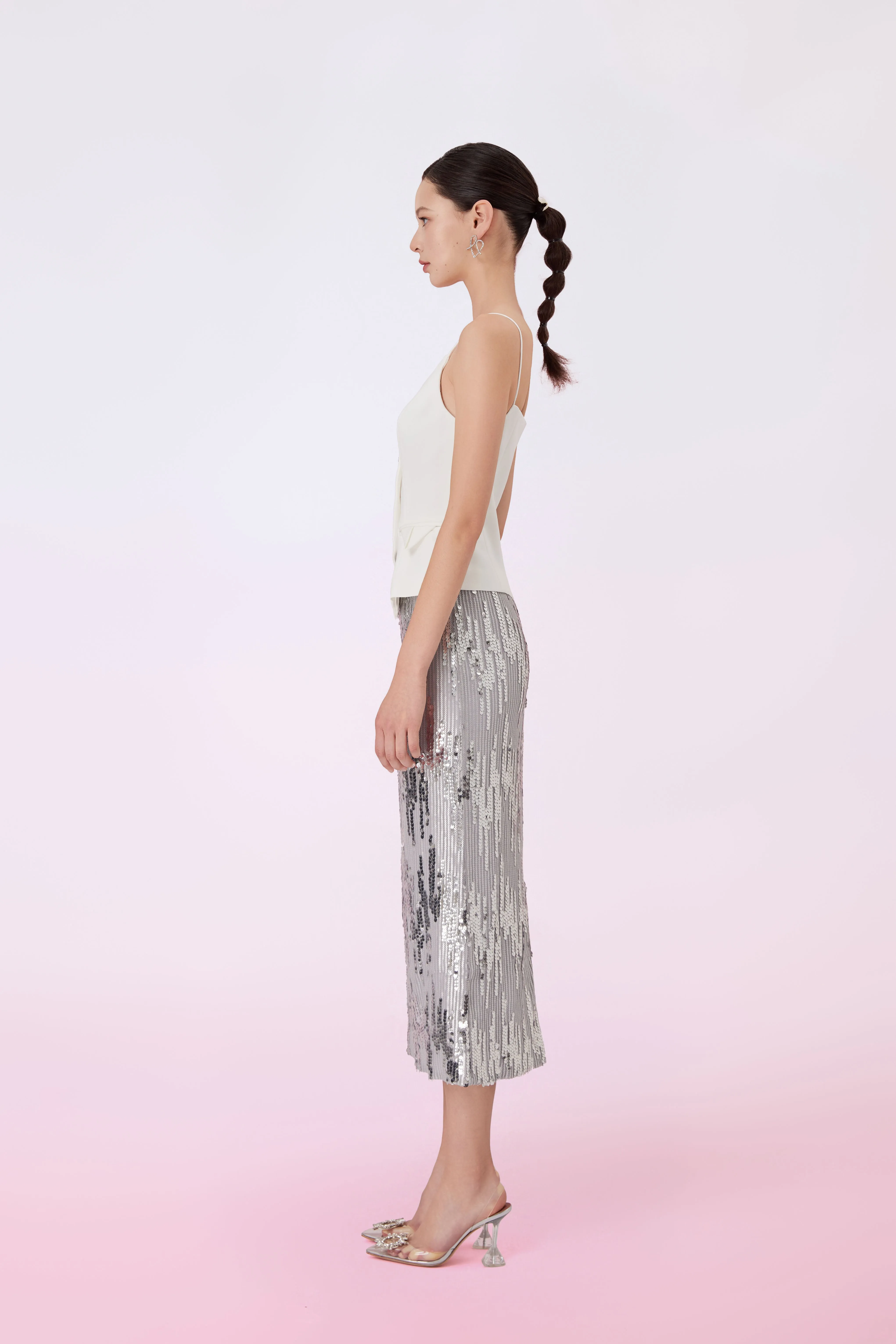 Gafna Silver Sequins Pencil Skirt