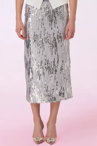 Gafna Silver Sequins Pencil Skirt