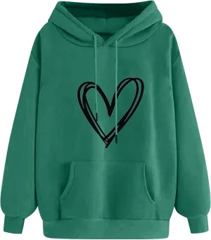 Heart Graphic Hoodie Women Casual Pullover Sweatshirt Drawstring Pocket Relaxed Long Sleeve Soft Streetwear
