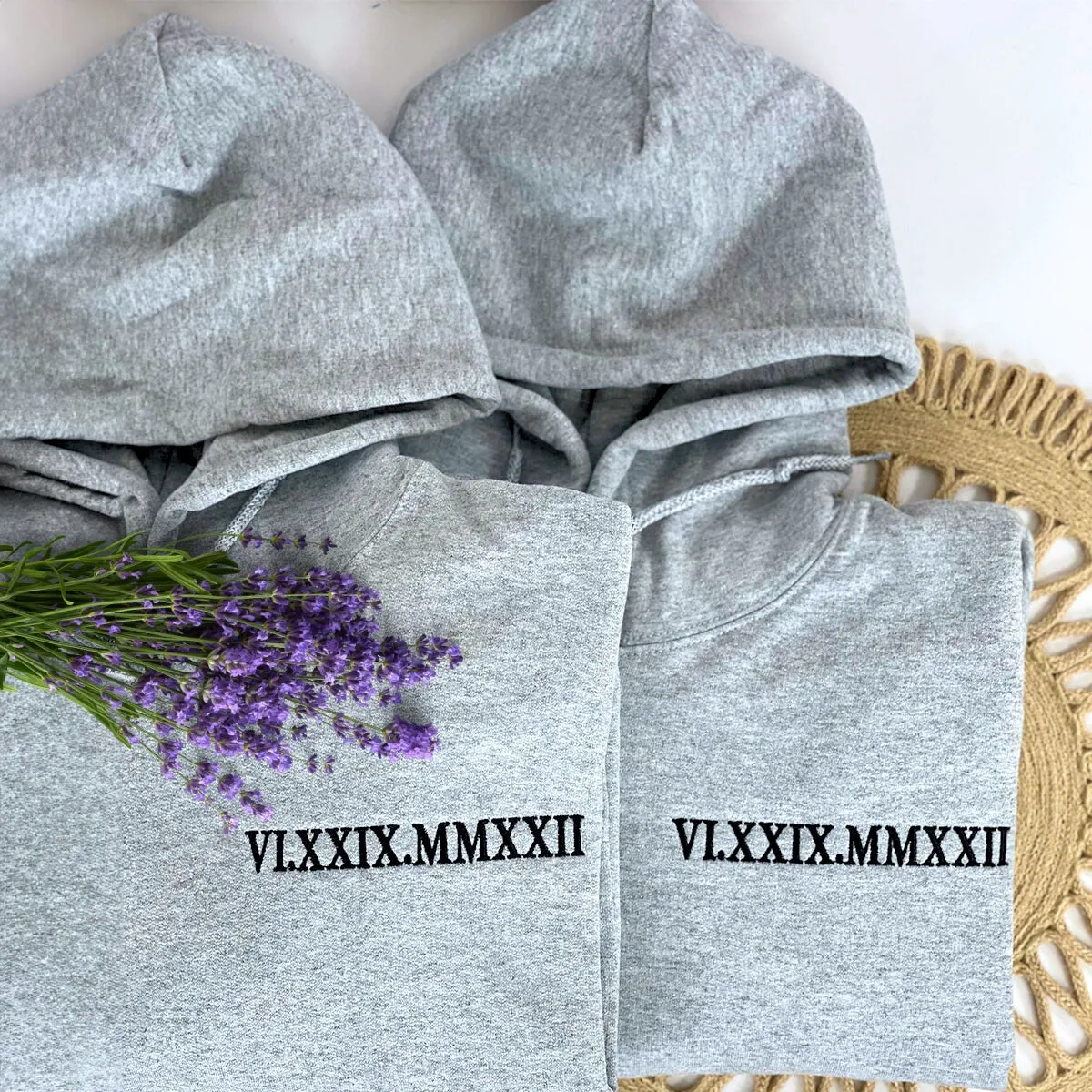 His and Hers Matching Hoodies or Sweatshirts Gift with Embroidered Roman Numerals on Chest
