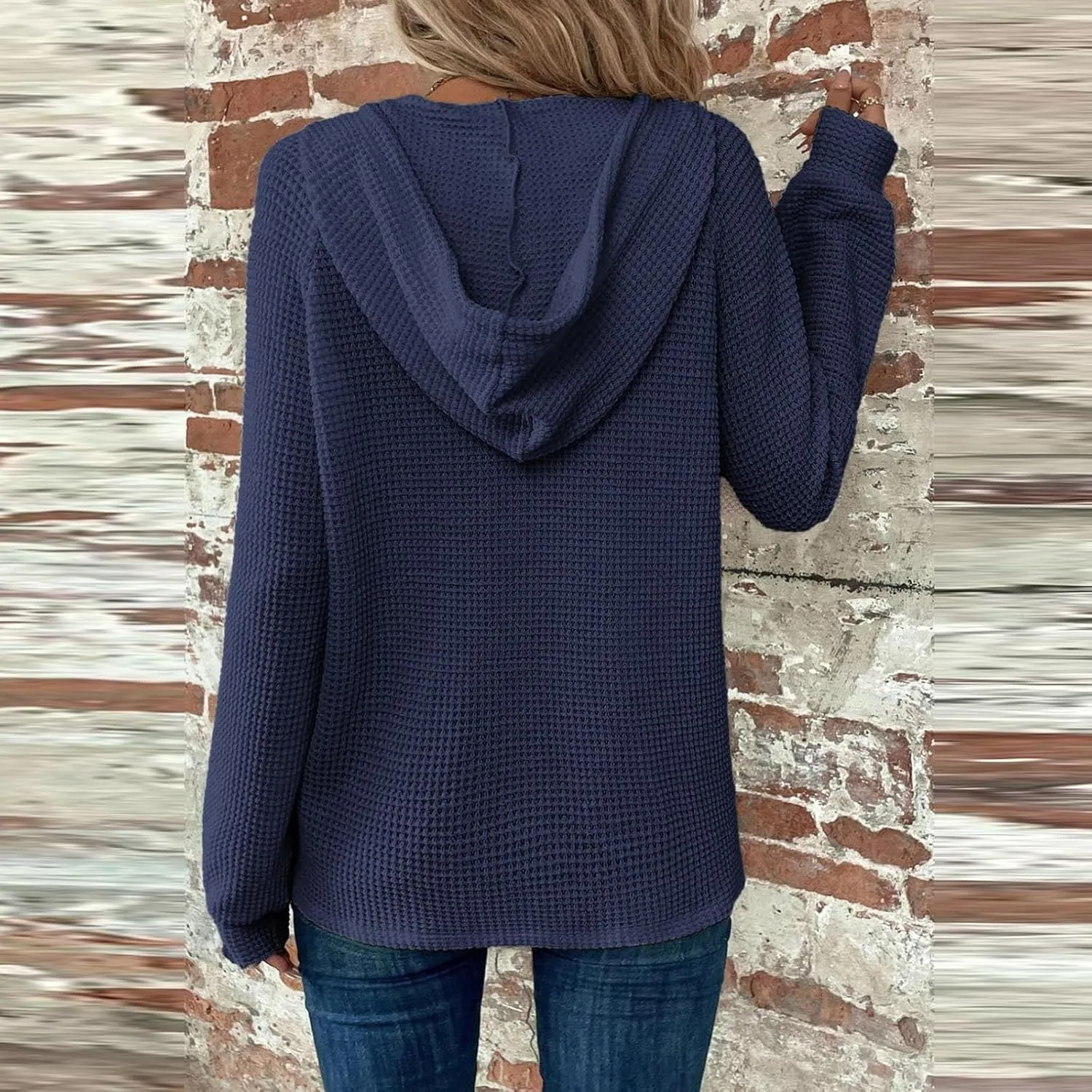 Hoodies for Women Waffle Knit Drawstring Button V Neck Hooded Oversized Sweatshirt Casual Comfy Pullover Sweater
