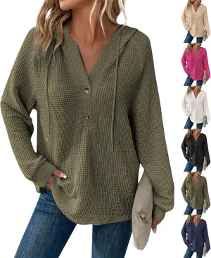 Hoodies for Women Waffle Knit Drawstring Button V Neck Hooded Oversized Sweatshirt Casual Comfy Pullover Sweater