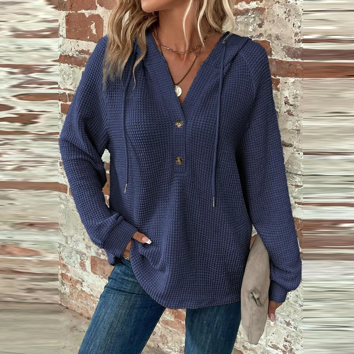 Hoodies for Women Waffle Knit Drawstring Button V Neck Hooded Oversized Sweatshirt Casual Comfy Pullover Sweater