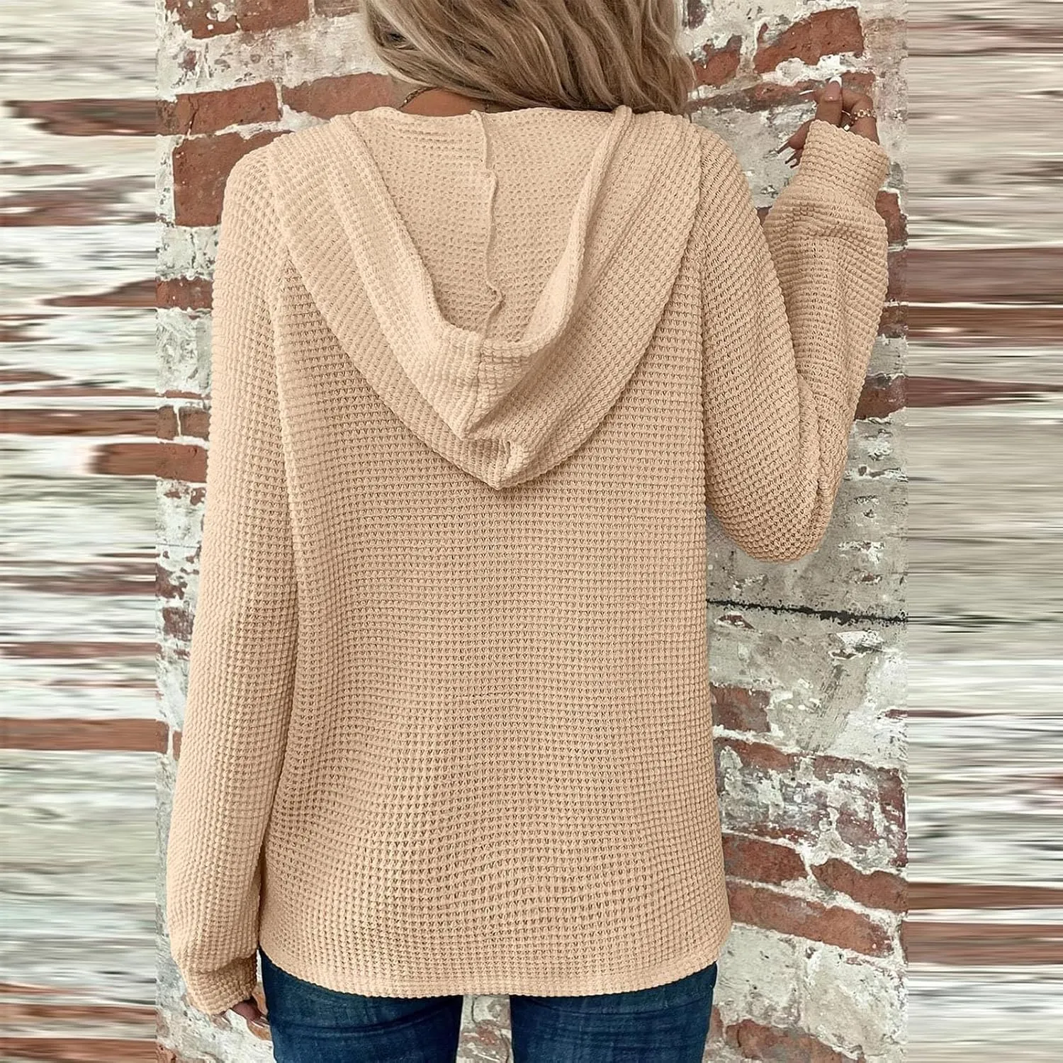 Hoodies for Women Waffle Knit Drawstring Button V Neck Hooded Oversized Sweatshirt Casual Comfy Pullover Sweater