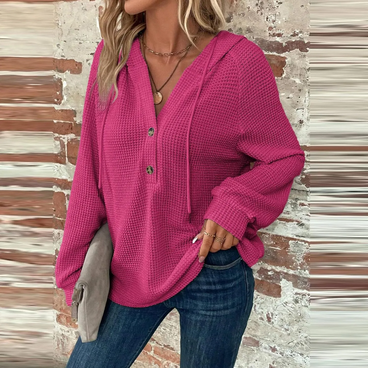 Hoodies for Women Waffle Knit Drawstring Button V Neck Hooded Oversized Sweatshirt Casual Comfy Pullover Sweater