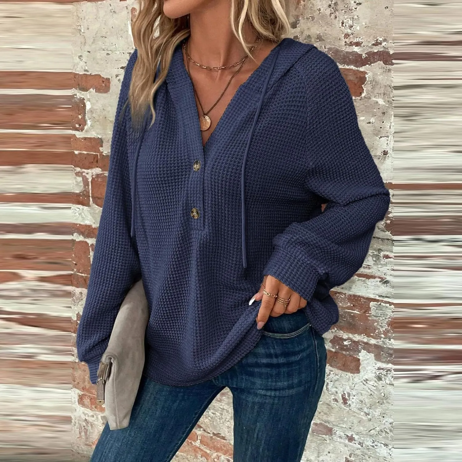Hoodies for Women Waffle Knit Drawstring Button V Neck Hooded Oversized Sweatshirt Casual Comfy Pullover Sweater