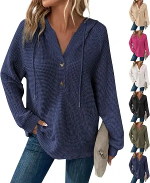 Hoodies for Women Waffle Knit Drawstring Button V Neck Hooded Oversized Sweatshirt Casual Comfy Pullover Sweater