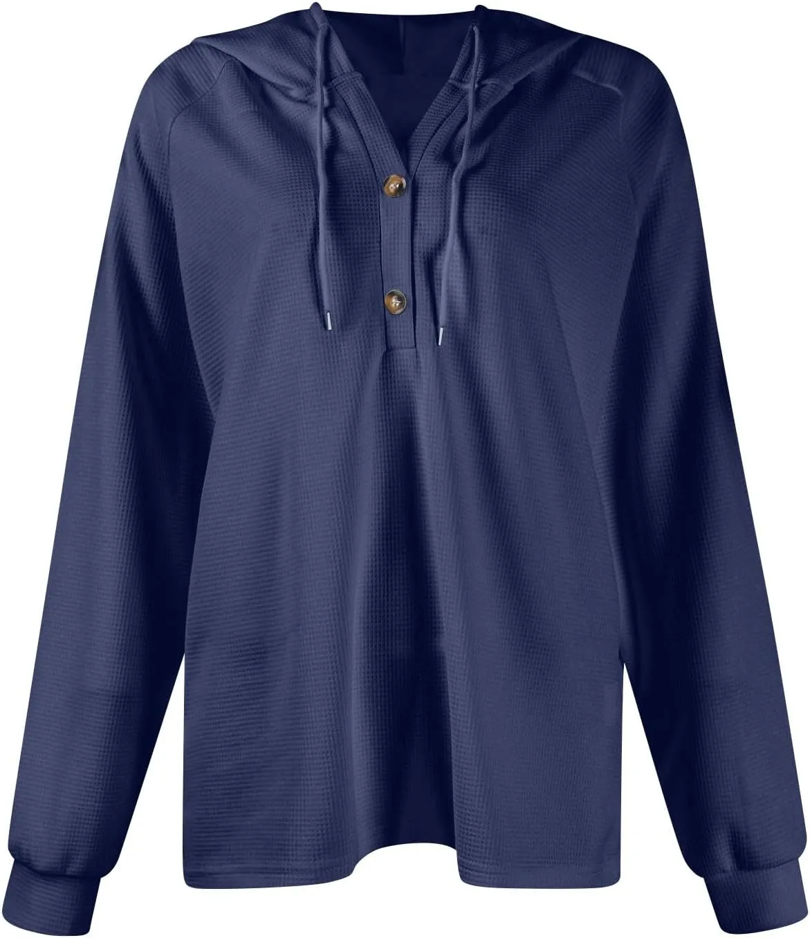 Hoodies for Women Waffle Knit Drawstring Button V Neck Hooded Oversized Sweatshirt Casual Comfy Pullover Sweater