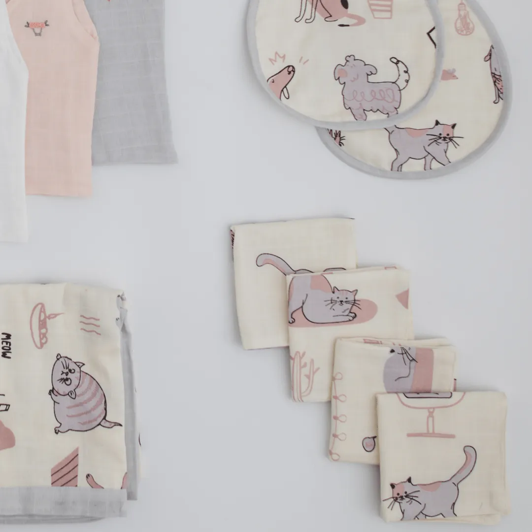 Hospital Bag Must Haves Combo - Woofles & Purrito (total 16 Muslin Items)