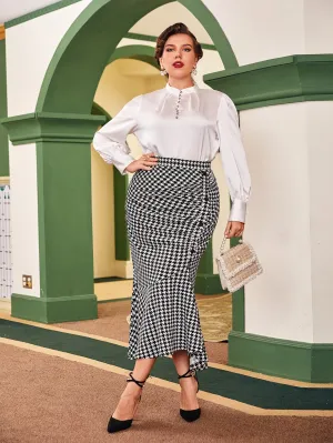 Houndstooth Ruched Long Plus Size Skirt