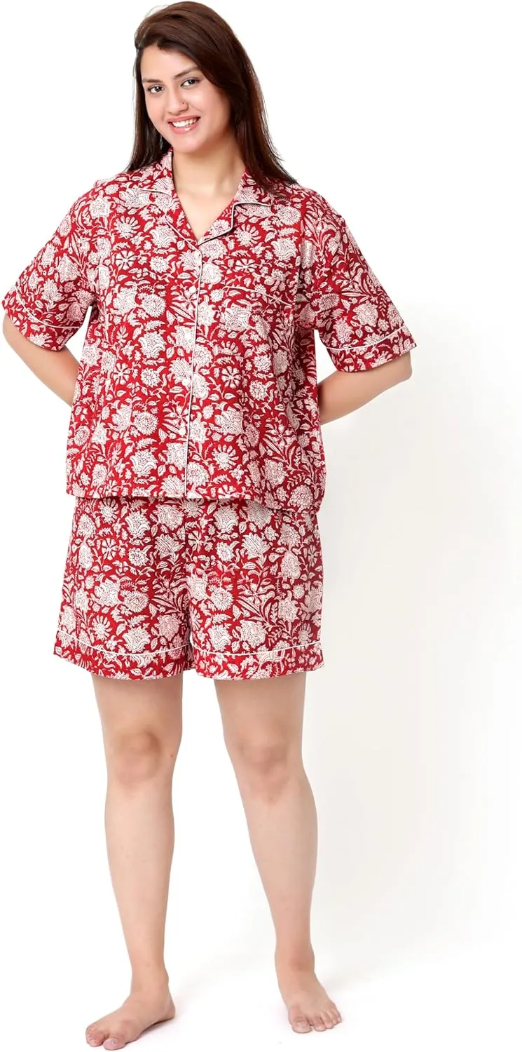 Huar Cotton Pajamas for Women Shorts Set - Womens Pajama Sets - Comfortable PJ Shorts Sets, Breathable and Light Cotton Pjs