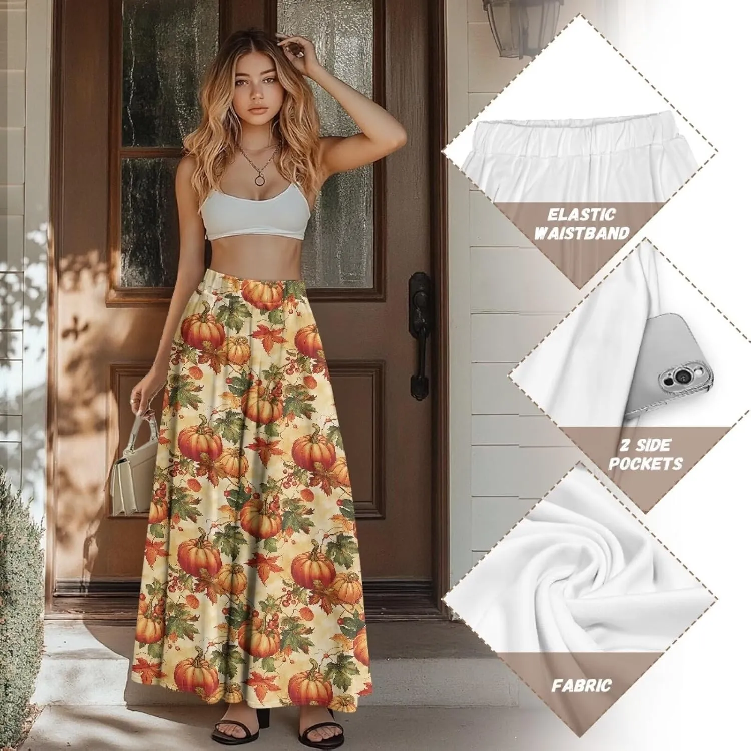 Ladies Pleated Summer Fall Skirts A Line Maxi Skirts Elegant Midi Length Skirts Lightweight Below The Knee Skirts