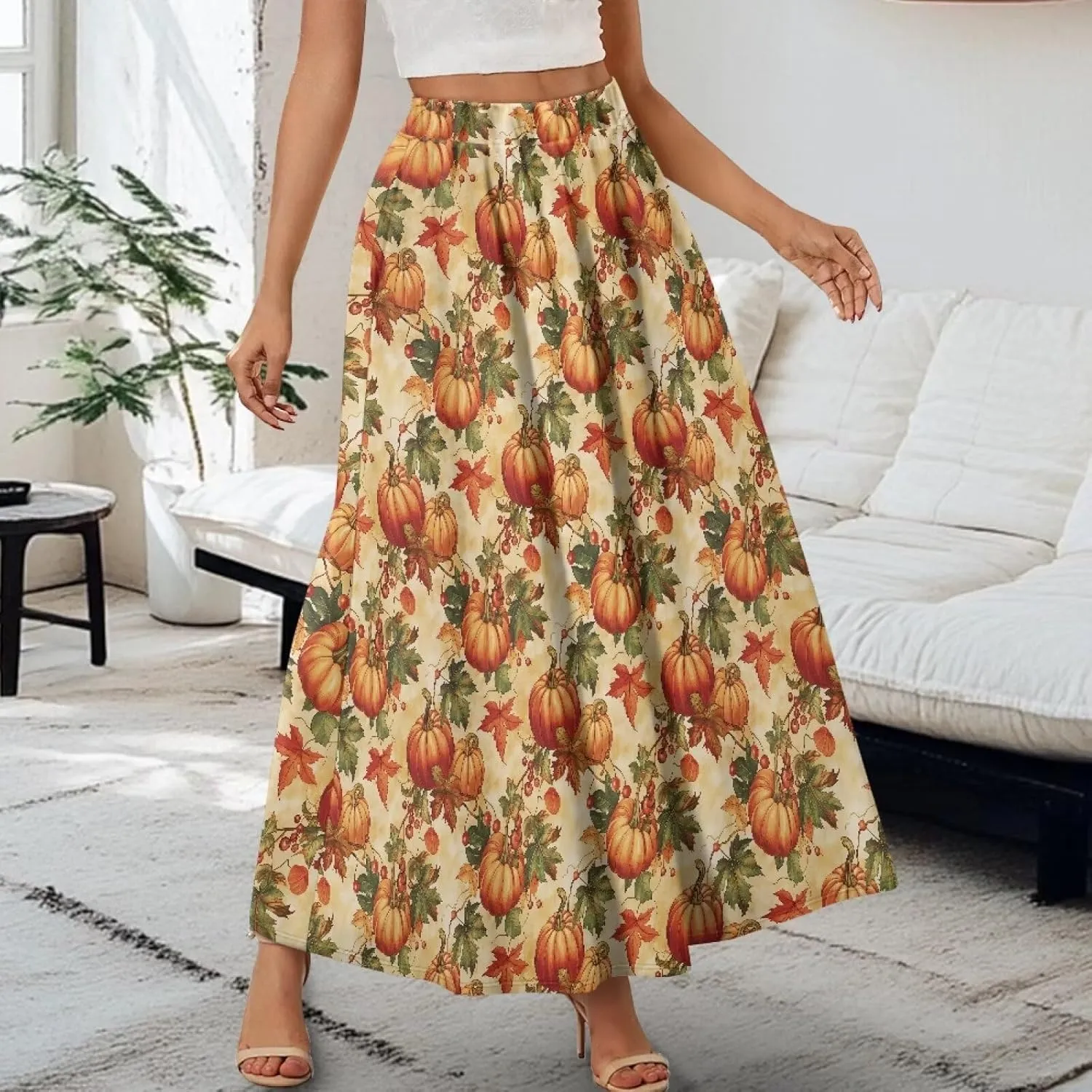 Ladies Pleated Summer Fall Skirts A Line Maxi Skirts Elegant Midi Length Skirts Lightweight Below The Knee Skirts