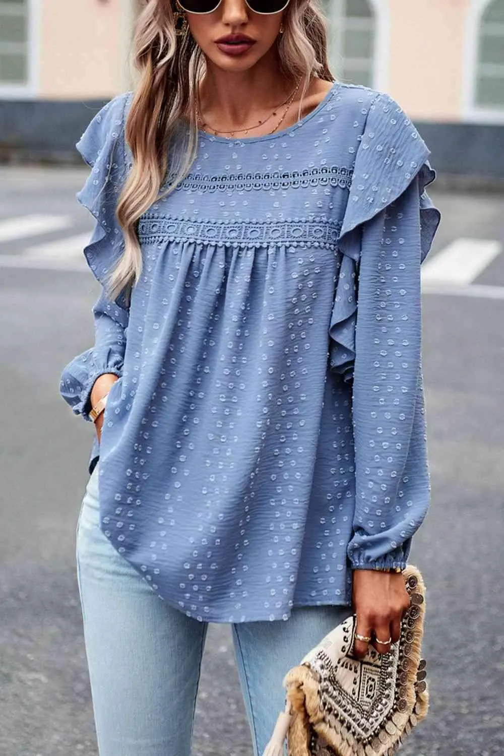 Leisure Chic Crew Neck Ruffled Balloon Sleeve Blouse