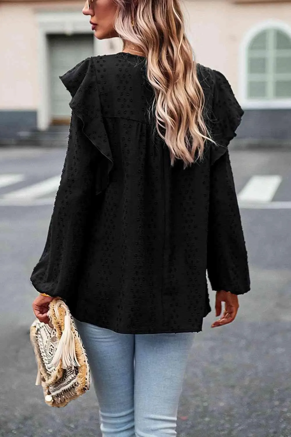 Leisure Chic Crew Neck Ruffled Balloon Sleeve Blouse