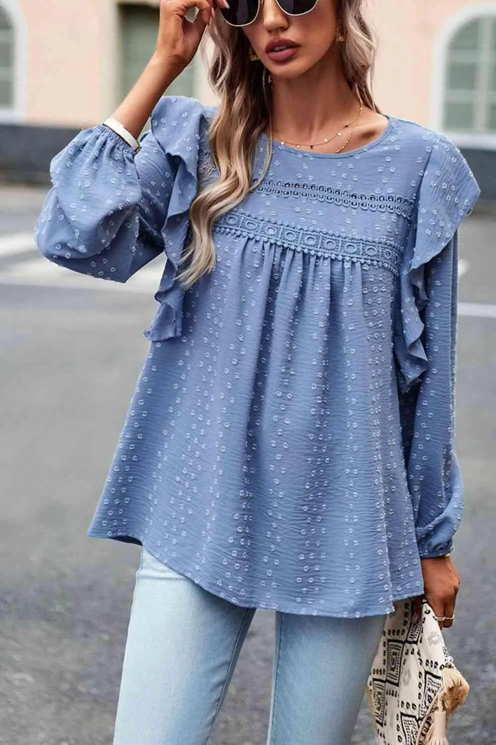 Leisure Chic Crew Neck Ruffled Balloon Sleeve Blouse