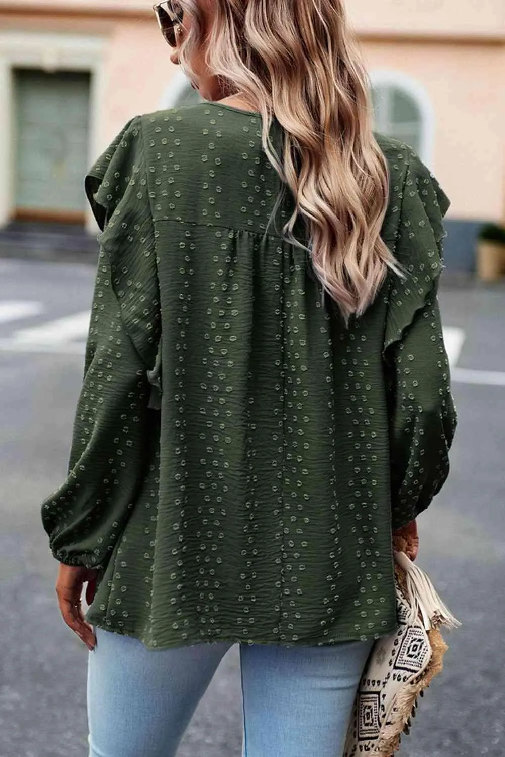 Leisure Chic Crew Neck Ruffled Balloon Sleeve Blouse